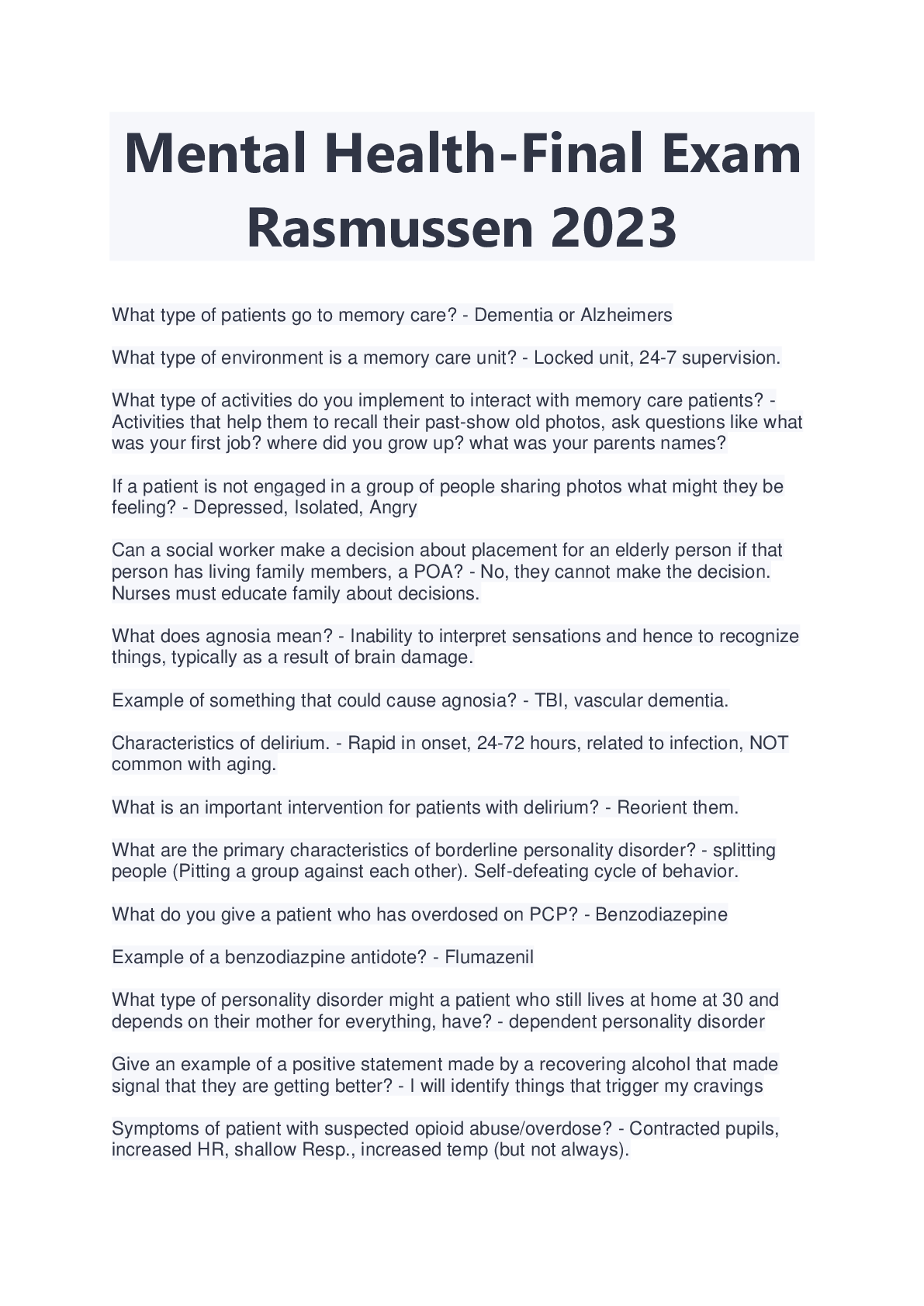 Rasmussen Mental Health Final Exam Latest 2023/2024 Browsegrades